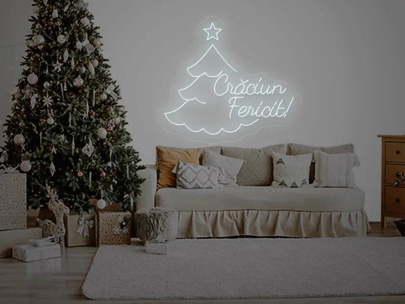 Brad cu mesaj Craciun Fericit - Insegne al neon a LED