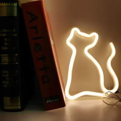 Lampa LED Neon Pisica, Lumina Calda, cu Baterii si USB