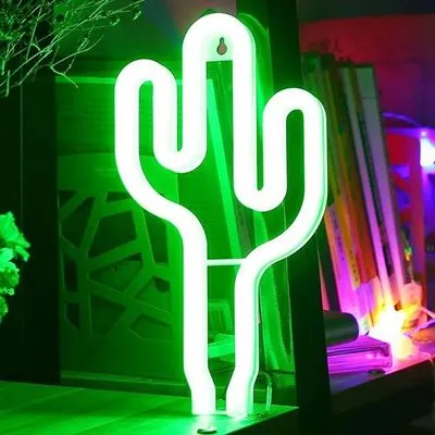 Neon Cactus LED Lamp, Green Light, with Batteries and USB