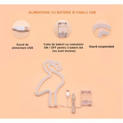Lampa LED Neon Flamingo, Lumina Calda, cu Baterii si USB