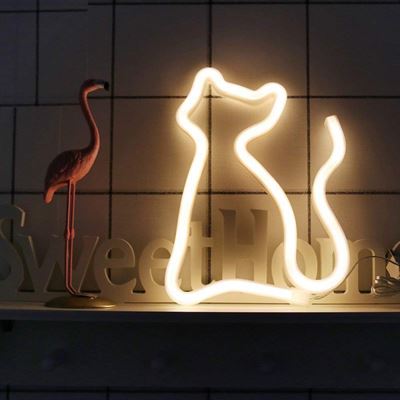 Lampa LED Neon Pisica, Lumina Calda, cu Baterii si USB